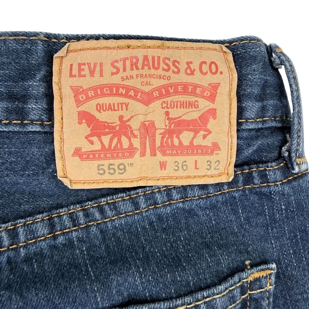 Levi's 559 Relaxed Straight Jeans Mens 36x32 Dark Wash Blue Denim Red Tab EUC